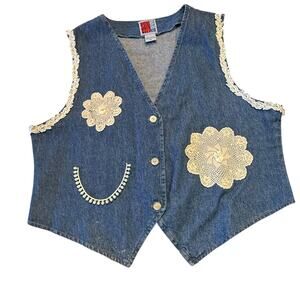 Vintage Sunbelt Blue Denim Vest with Ivory Crochet Trim Womens XL